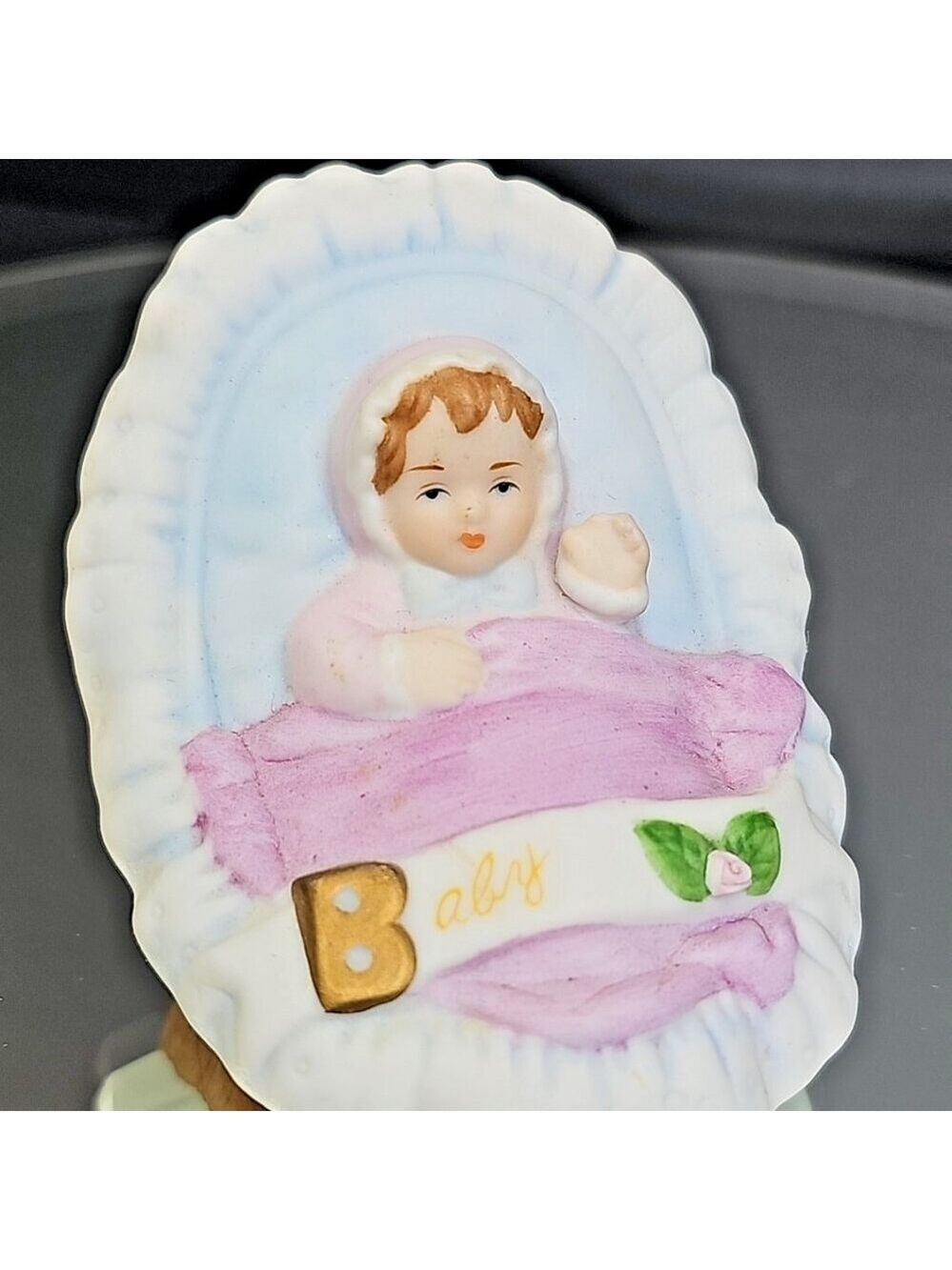Vintage Enesco Porcelain Newborn Blonde Baby Girl in Bassinet 1987